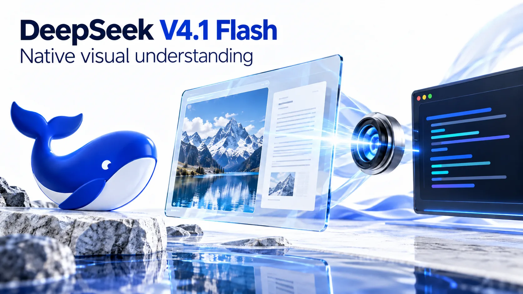 DeepSeek V4.1 Flash concept with a blue whale and visual document panels.