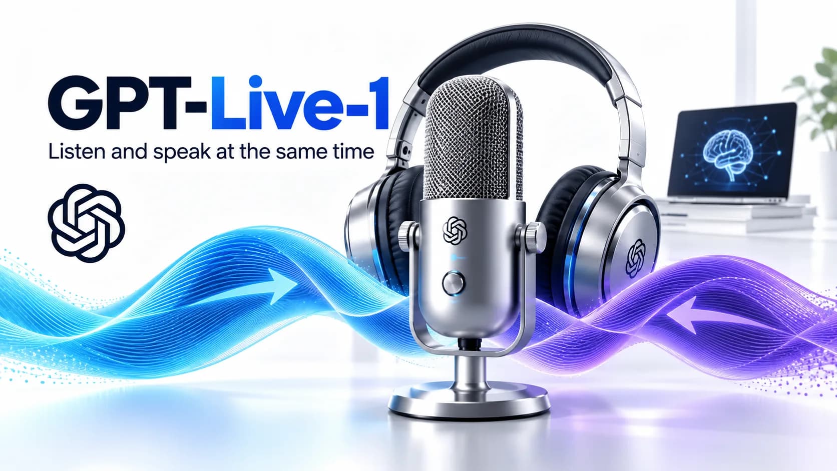 GPT-Live-1 conceptual microphone and headphones with two overlapping sound ribbons; no physical product is implied.