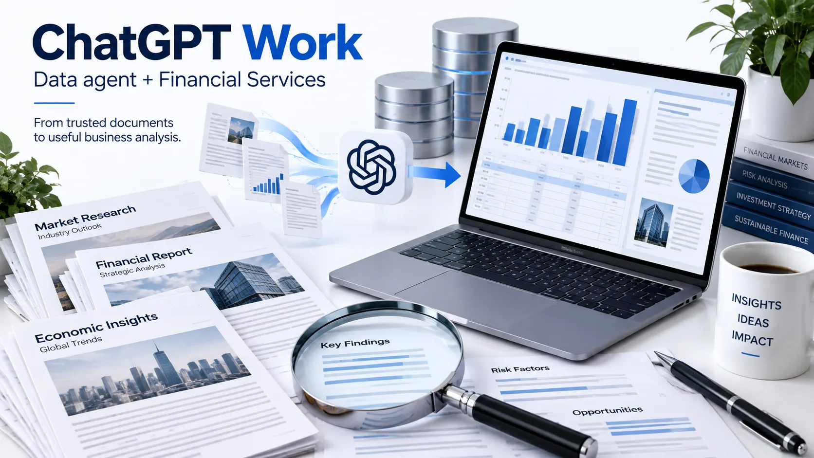ChatGPT Work conceptual laptop with business charts and source documents, representing data and financial workflows.