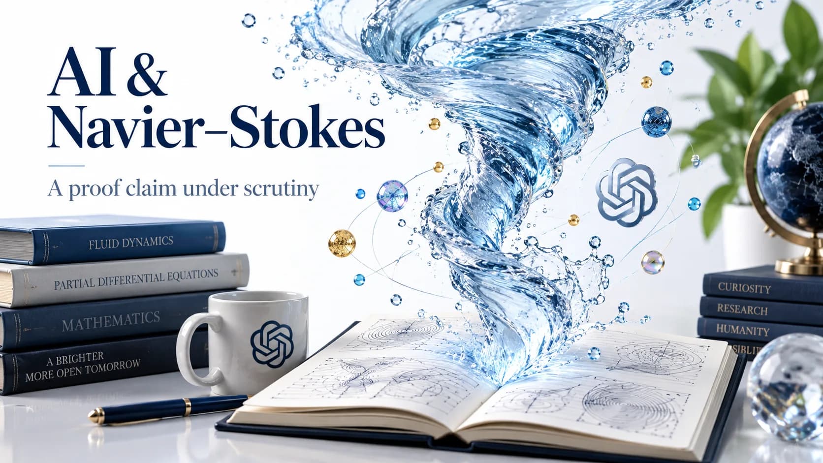 Water vortex and mathematics notebook illustrating a Navier–Stokes proof claim, with wording that signals scrutiny.