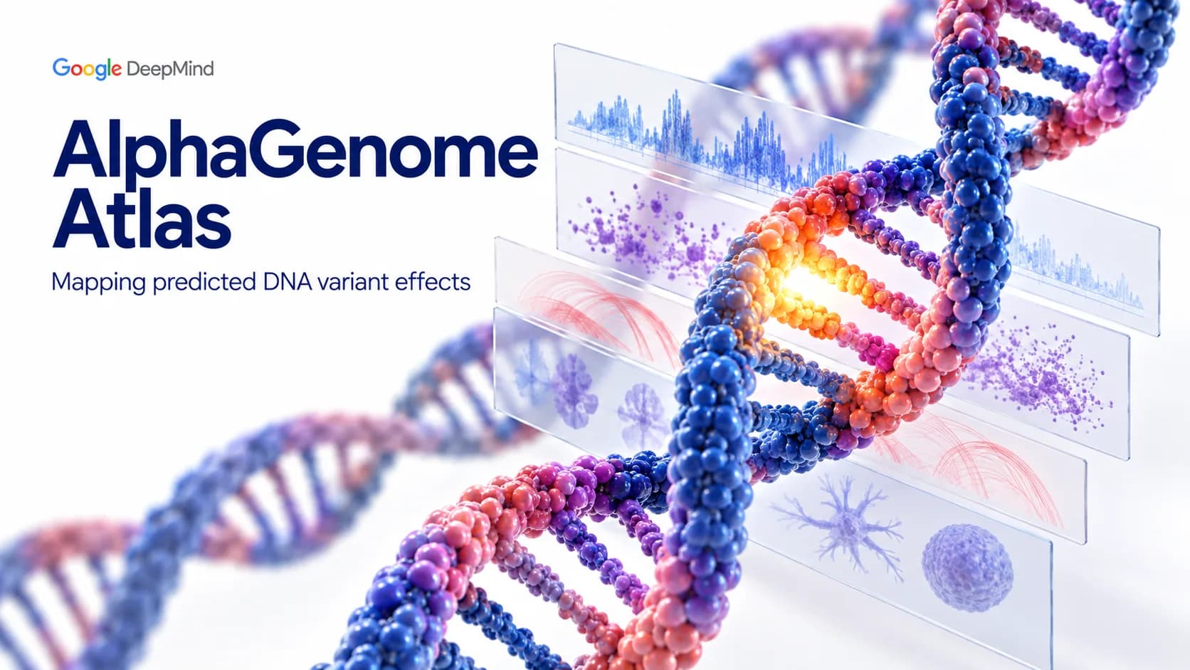 AlphaGenome Atlas conceptual DNA helix and genomic prediction graphics.