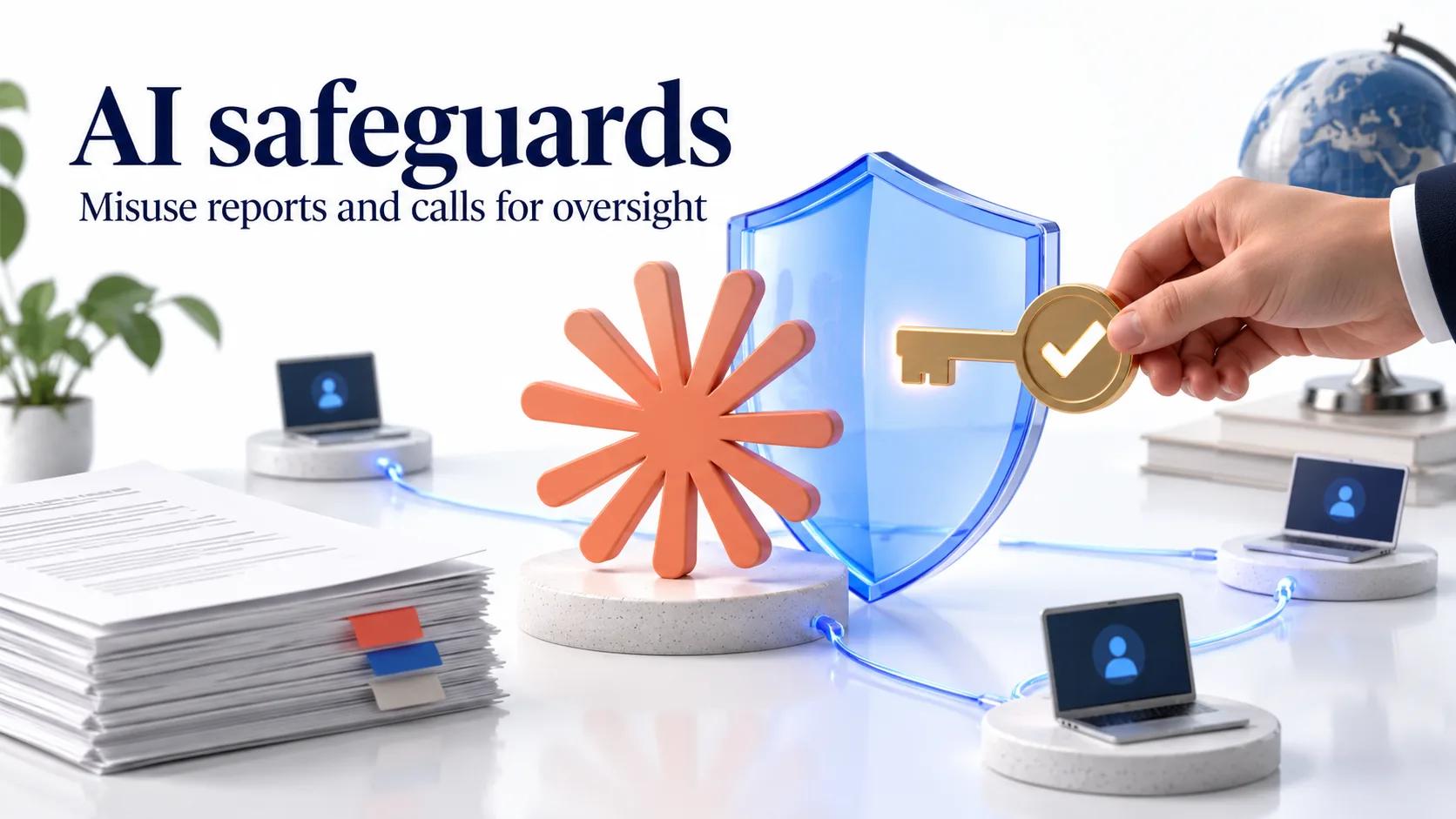 Conceptual AI oversight illustration with a shield, human approval key and technology motifs.