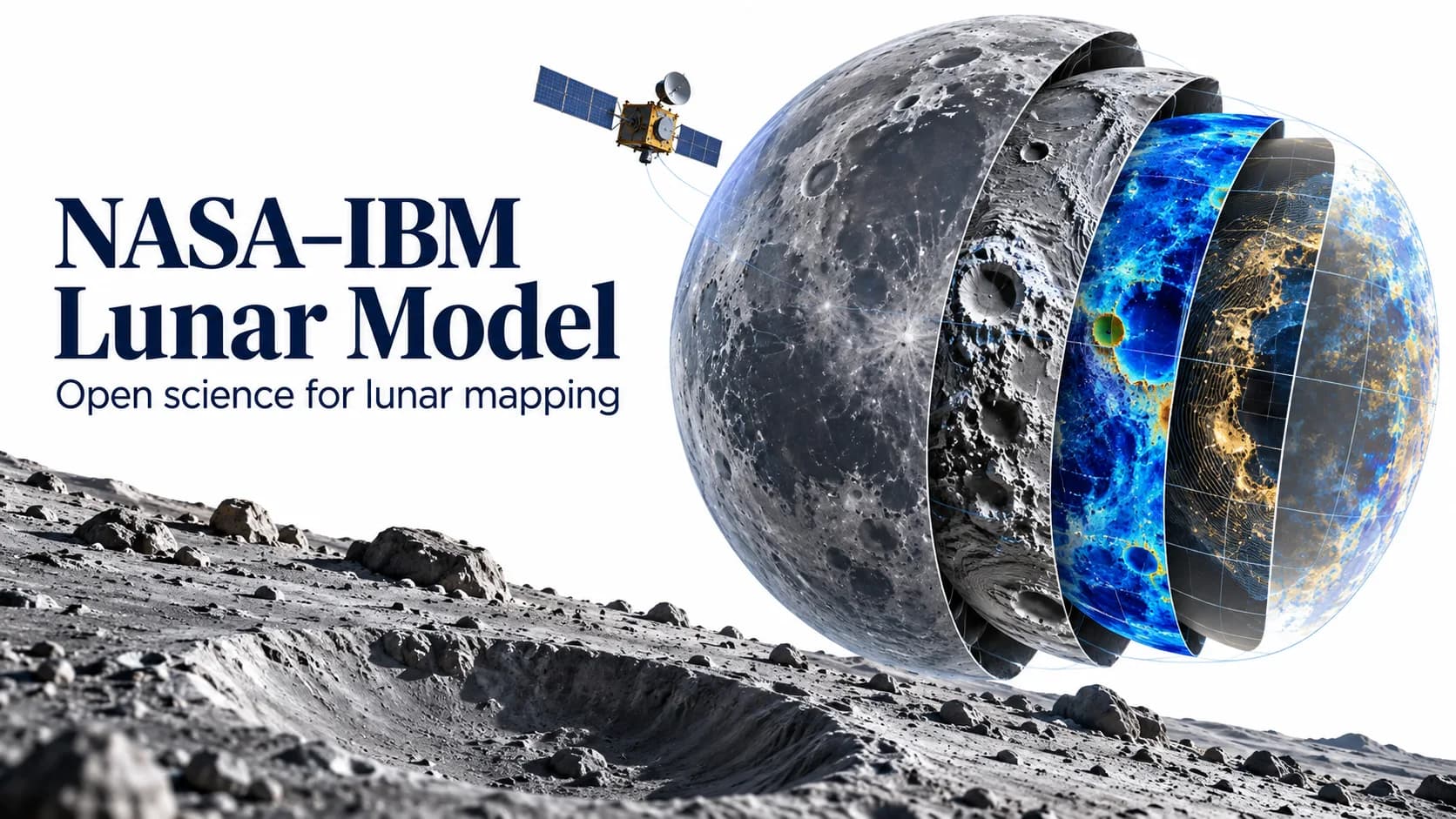 NASA–IBM Lunar Model concept with layered lunar observation maps and a satellite.
