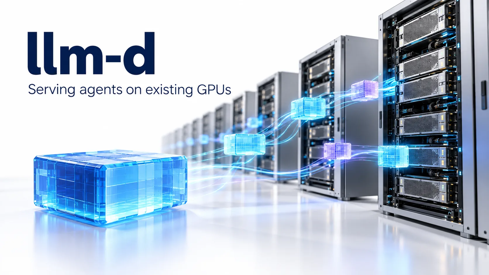 llm-d editorial server racks with shared context blocks, representing model-serving infrastructure.