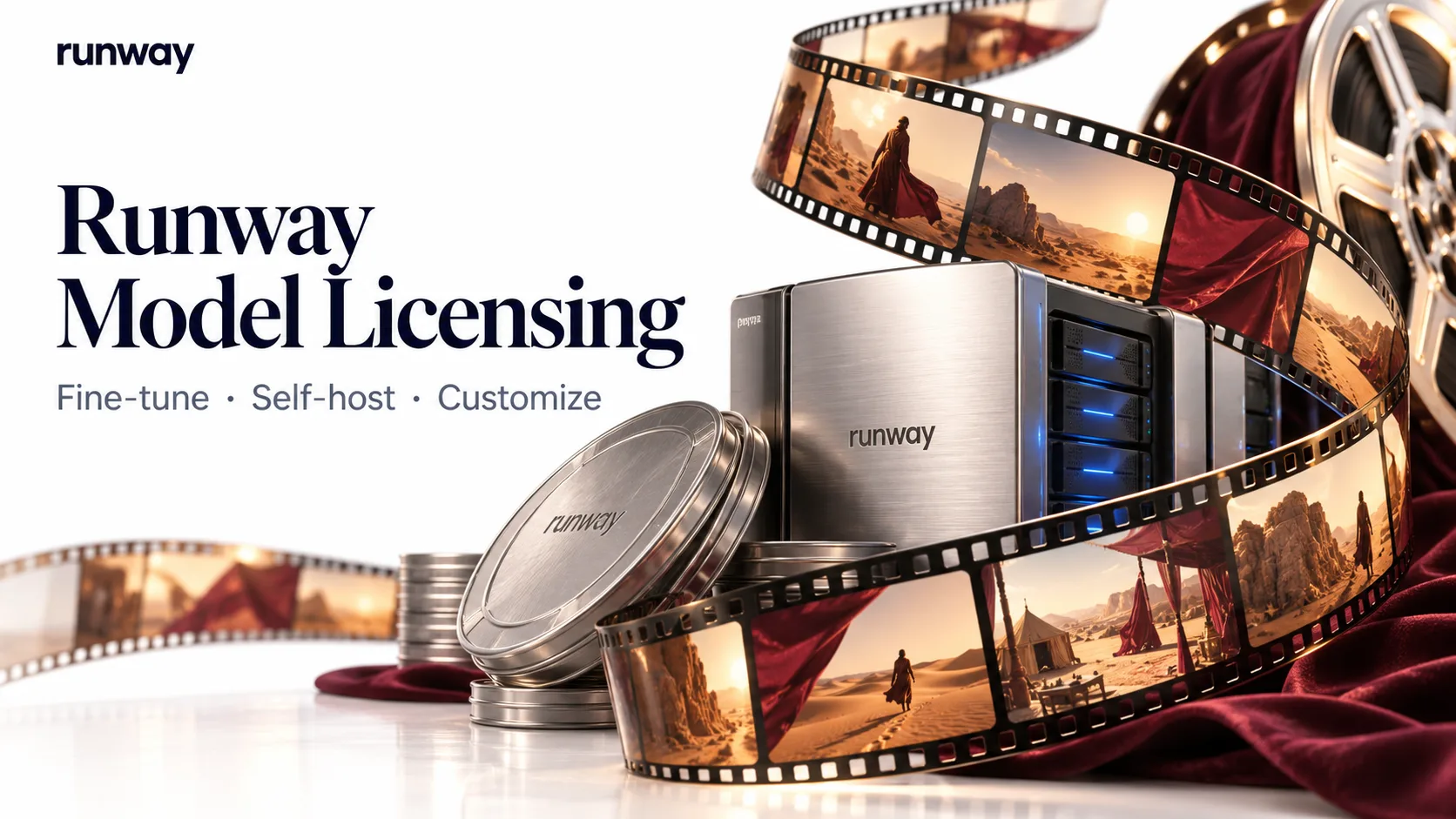 Runway model-licensing concept combining film strips, a studio scene and self-hosted compute.