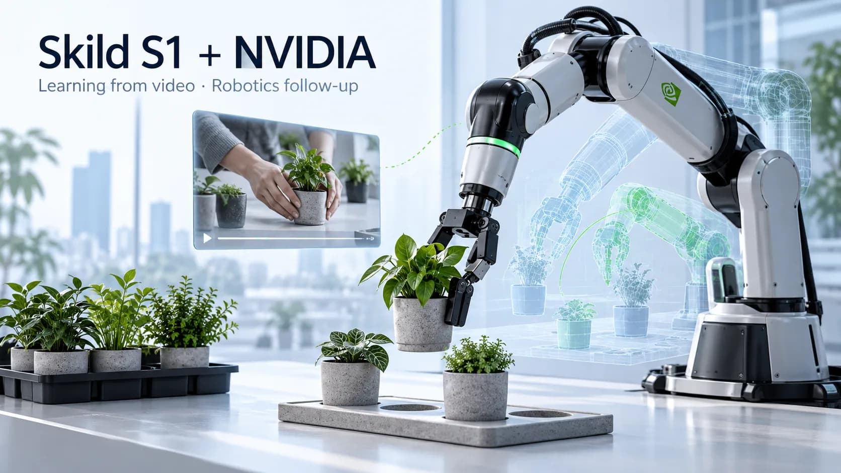 Skild S1 and NVIDIA conceptual robot arm learning a tabletop task from a video demonstration.