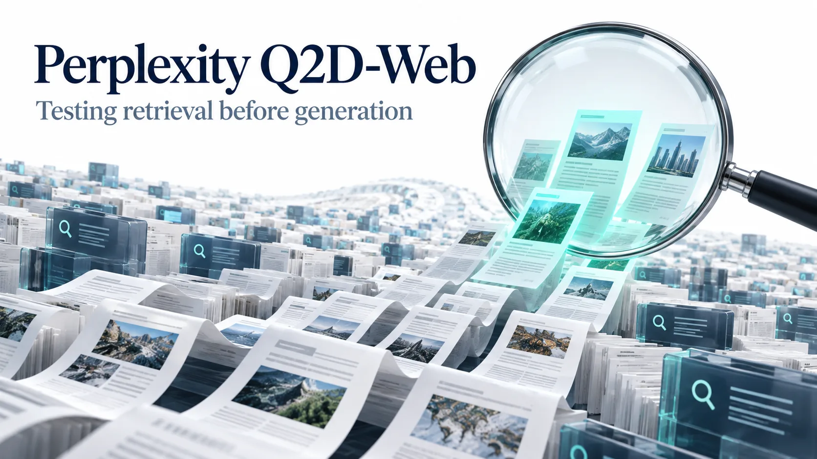 Perplexity Q2D-Web concept showing a search lens selecting relevant documents from a large index.