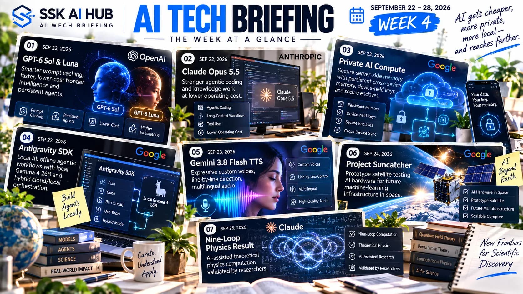 SSK AI Weekly September 22–28, 2026 cover illustrating GPT-6 Sol and Luna, Claude Opus 5.5, Private AI Compute, the Antigravity SDK, Gemini 3.8 TTS, Project Suncatcher, and Claude's nine-loop physics result.