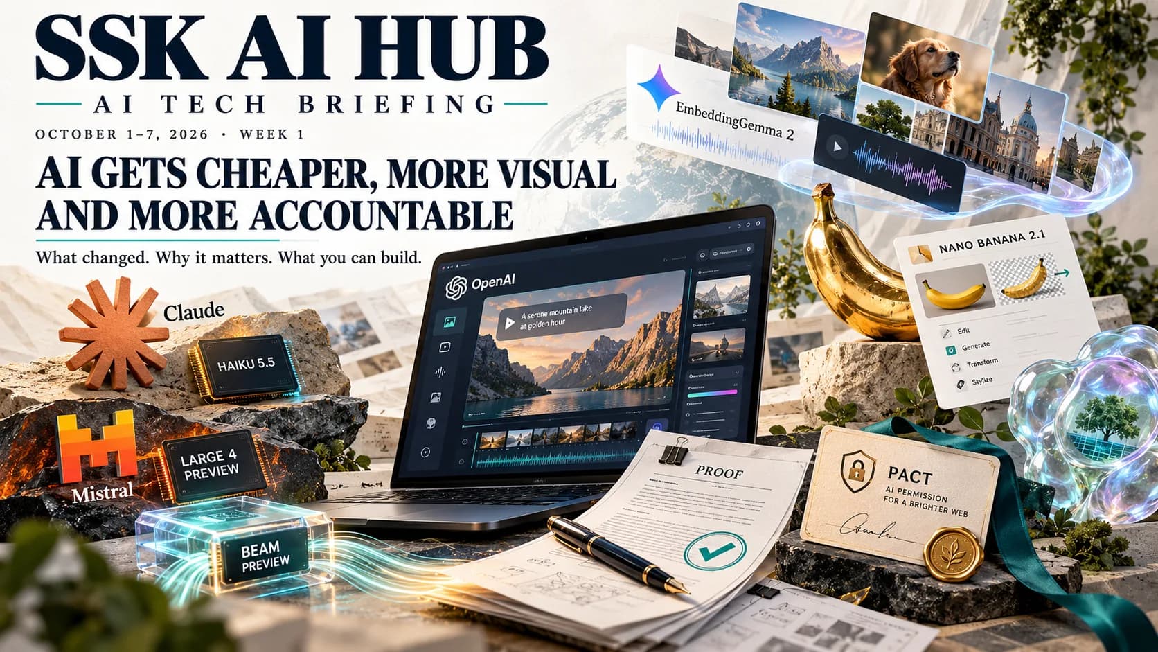 SSK AI Hub October 1–7, 2026 cover: asymmetric collage of model chips, a laptop, media search, a permission card, a proof manuscript and a glass cell.