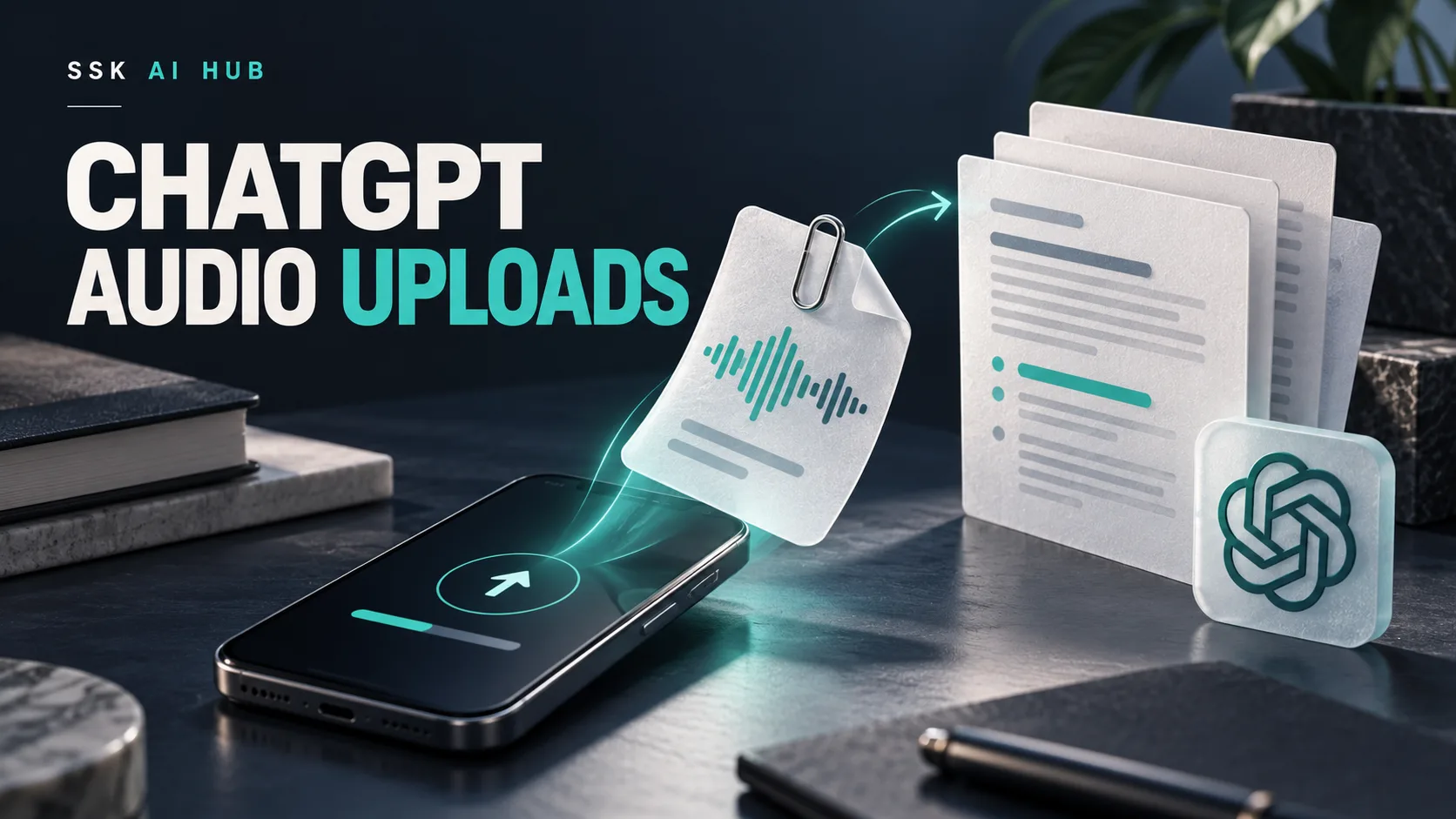 A phone uploading an audio file that becomes a stack of written pages, under ChatGPT Audio Uploads.