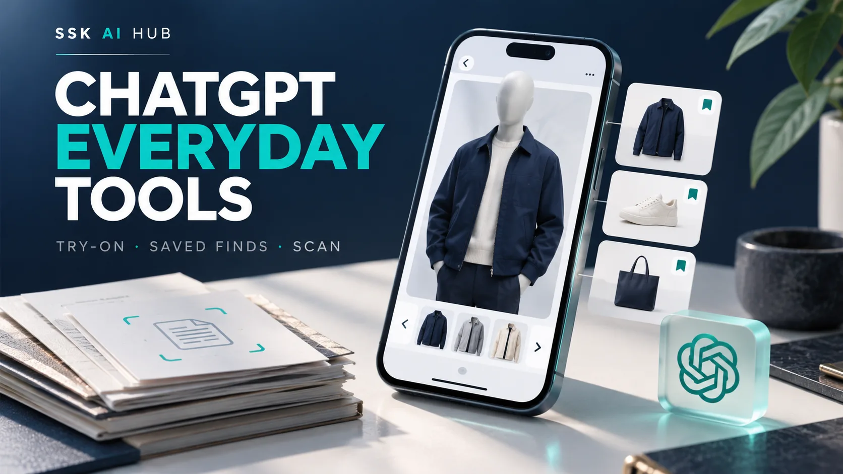 A phone showing a virtual try-on of a jacket with saved shoes and a bag, beside a scanned document stack, under ChatGPT Everyday Tools — try-on, saved finds, scan.