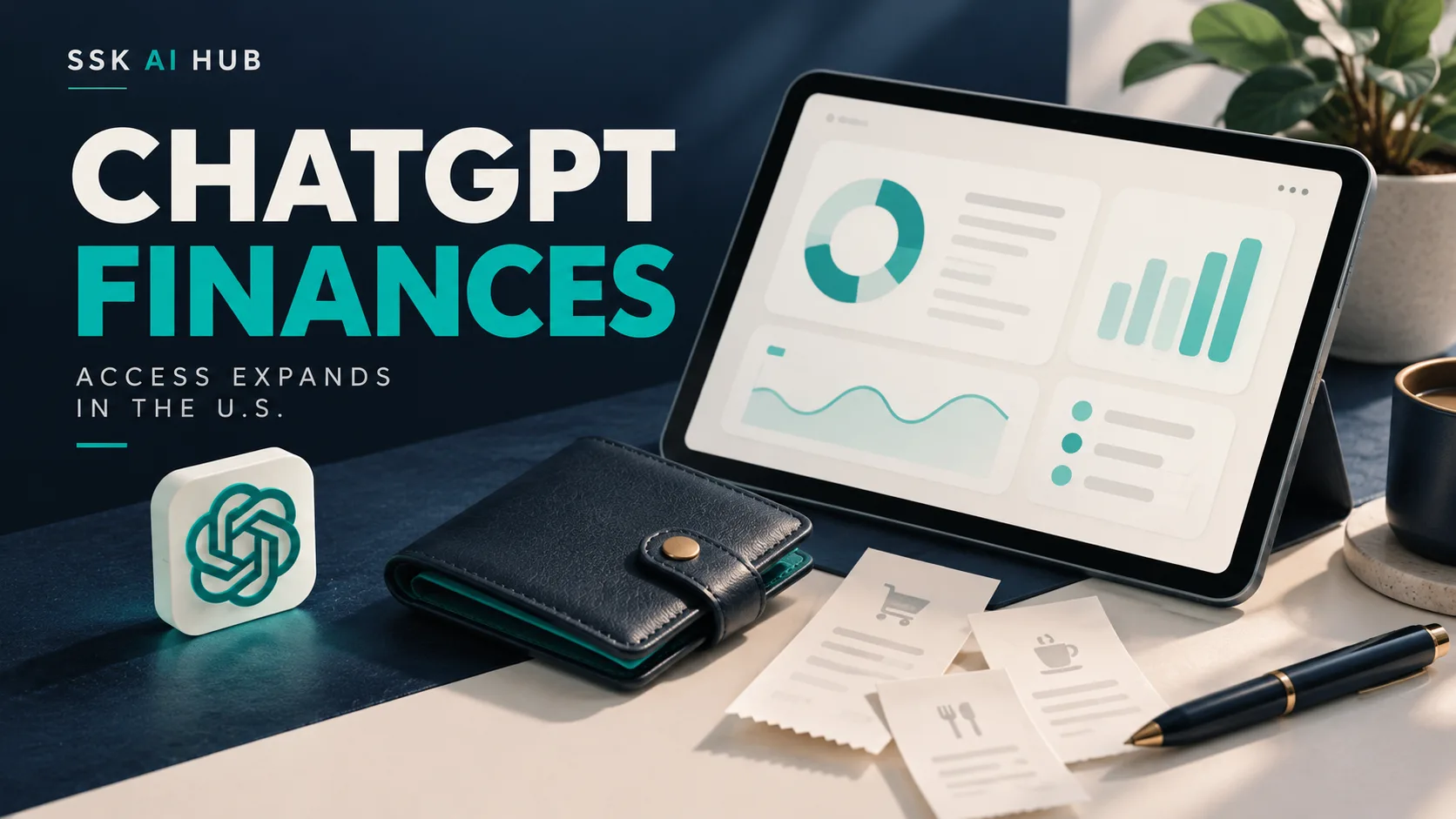 A tablet of spending charts beside a wallet and receipts, under ChatGPT Finances — access expands in the U.S.