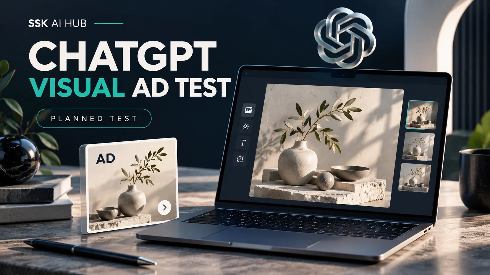 A laptop of image-generation variants beside a labeled AD card, under ChatGPT Visual Ad Test — planned test.