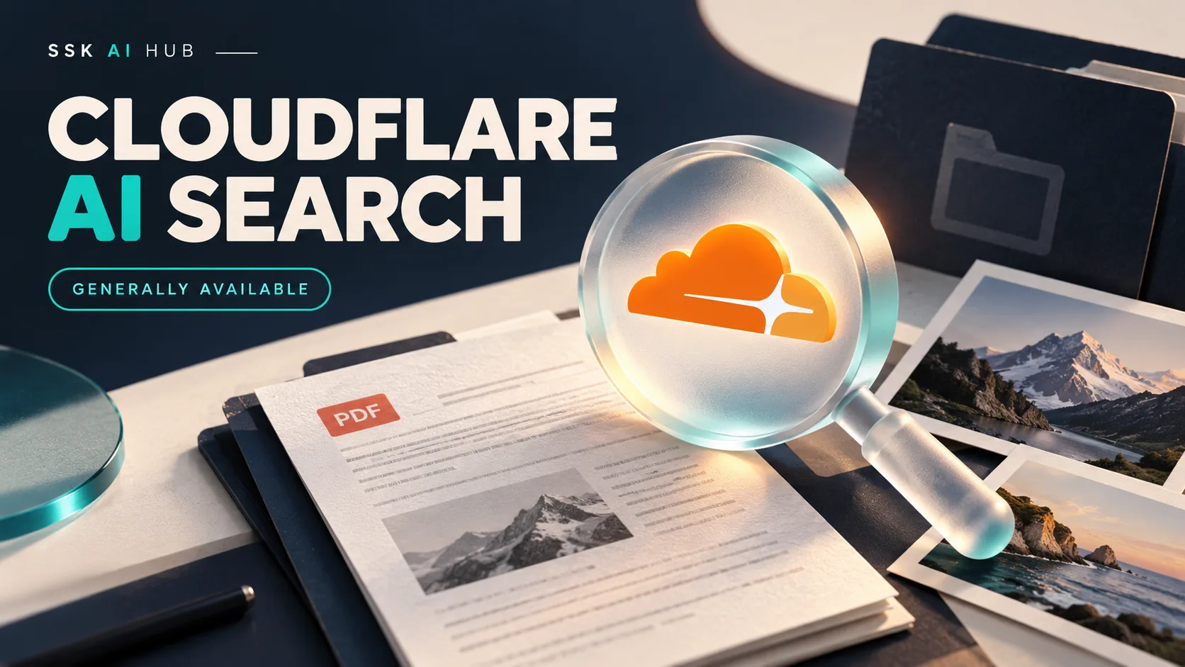 A magnifying glass with the Cloudflare cloud over a PDF and photographs, under Cloudflare AI Search — generally available.