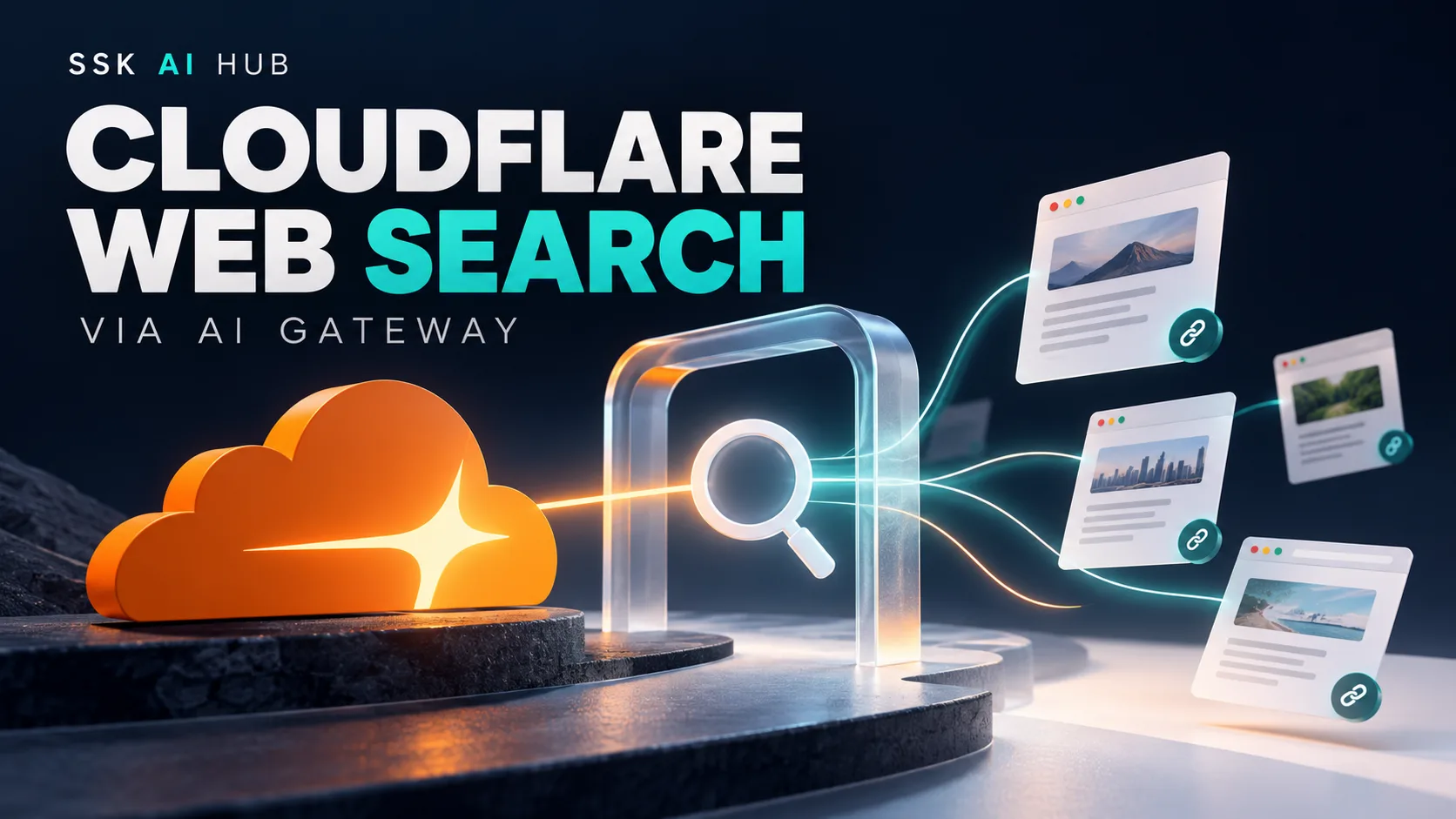 The Cloudflare cloud sending a beam through a search gateway out to linked web pages, under Cloudflare Web Search via AI Gateway.