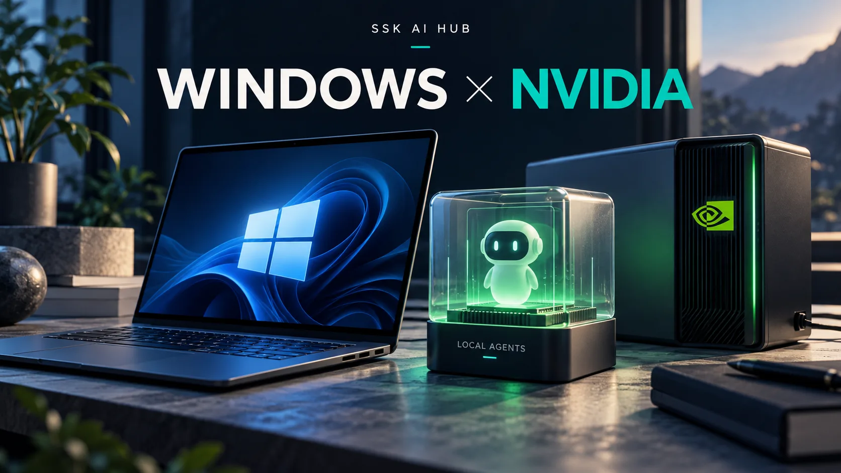 A Windows laptop beside a glass cube holding a small robot labeled Local Agents and a compact NVIDIA desktop, under Windows × NVIDIA.