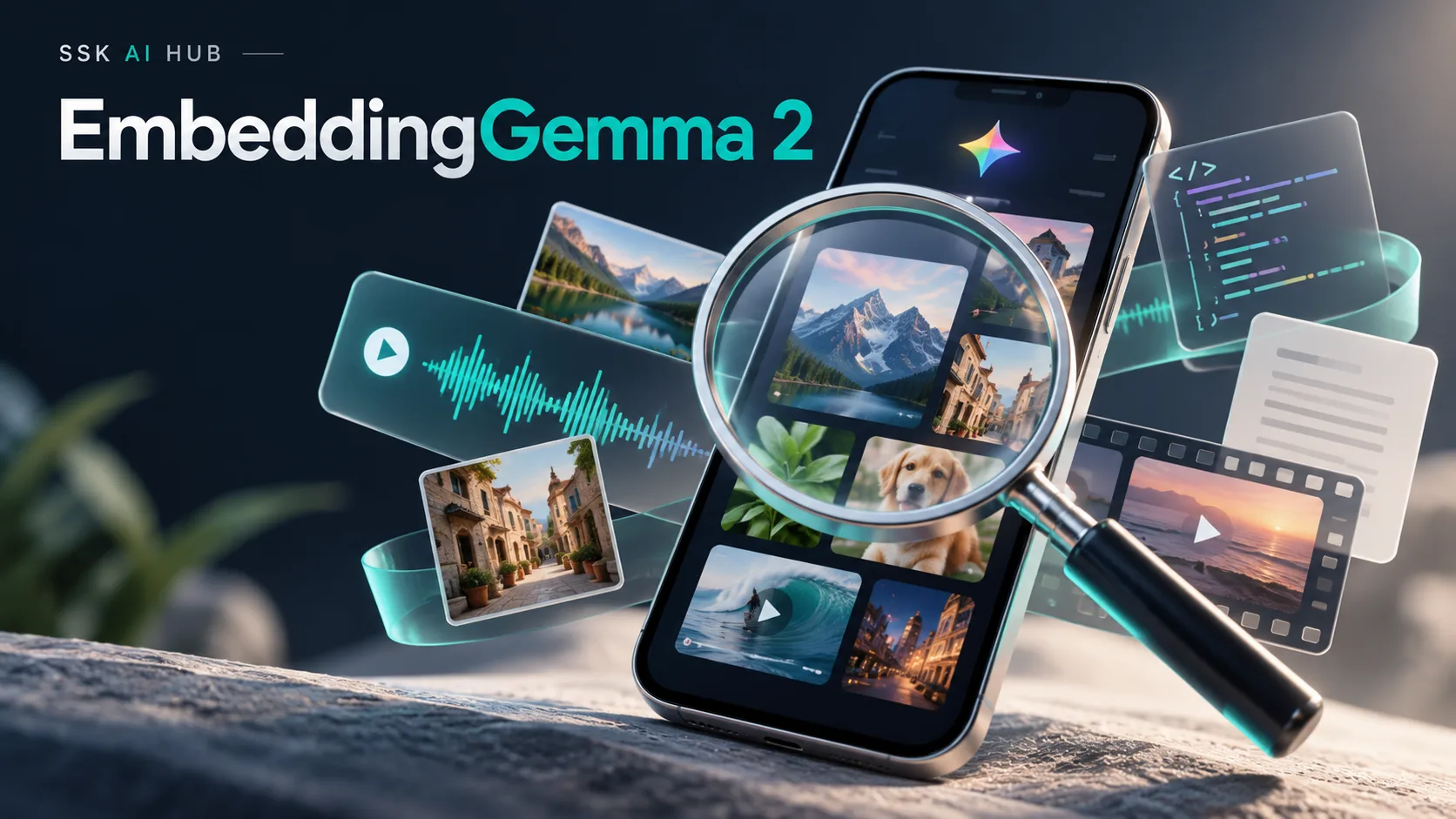 A magnifying glass over a phone of photos, surrounded by an audio waveform, a code card and a document, under EmbeddingGemma 2.