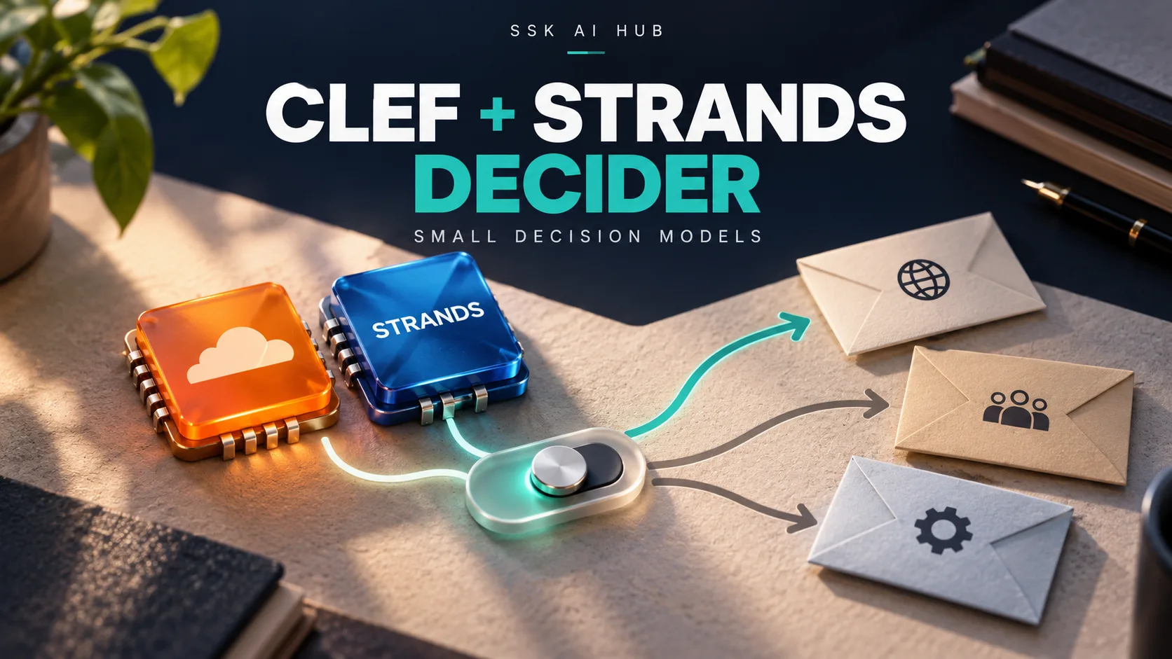 An orange Cloudflare chip and a blue Strands chip wired to a switch that routes one of three envelopes, under Clef + Strands Decider.