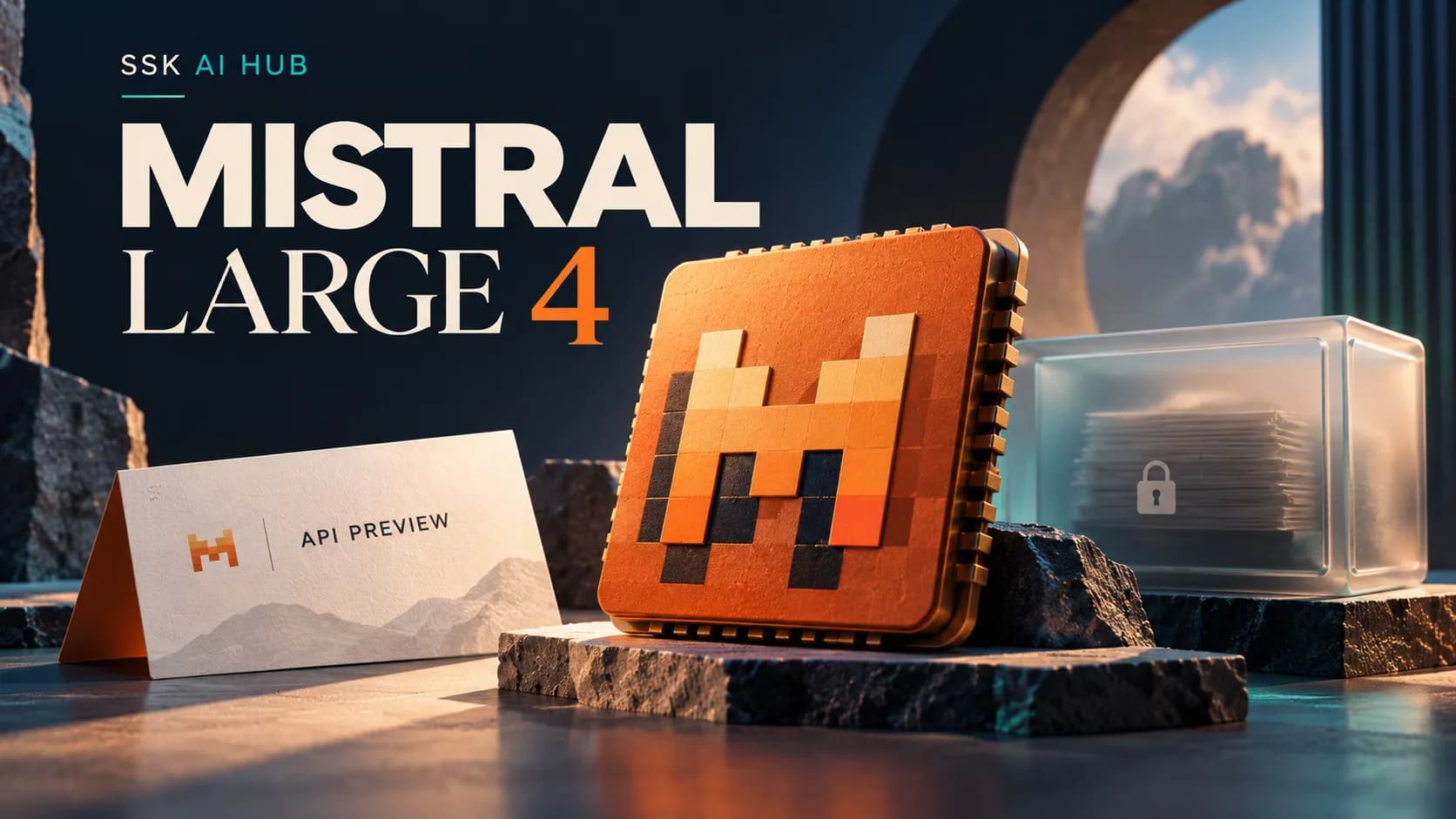 An orange Mistral chip on a stone plinth beside an API Preview card and a locked glass case of documents, under Mistral Large 4.