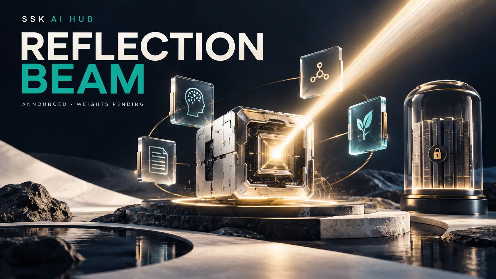 A metallic cube emitting a beam of light, ringed by glass icons, beside a locked glass dome of servers, under Reflection Beam — announced, weights pending.