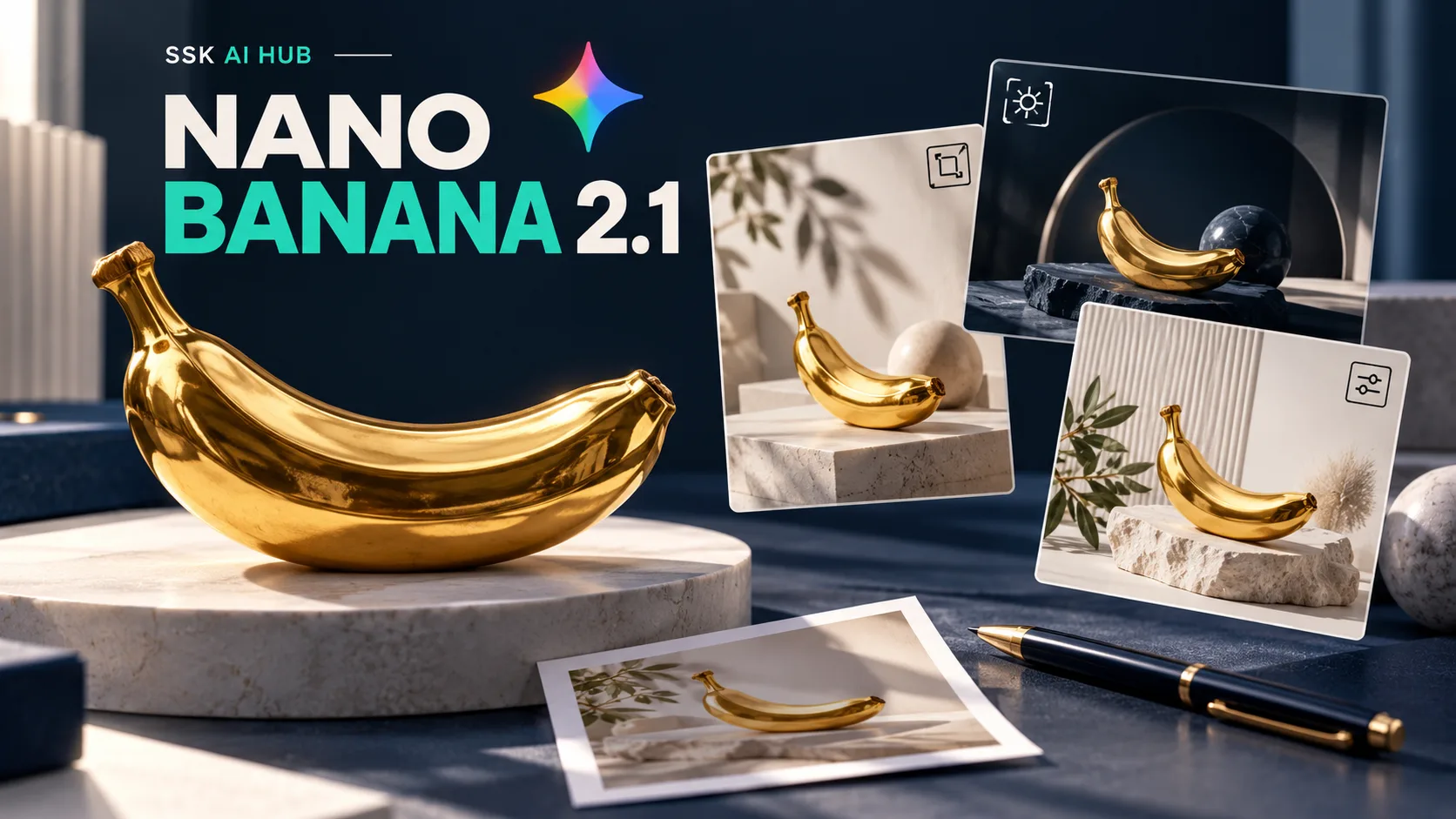 A gold banana on a marble plinth with three consistent product-shot variants and a printed photo, under Nano Banana 2.1.