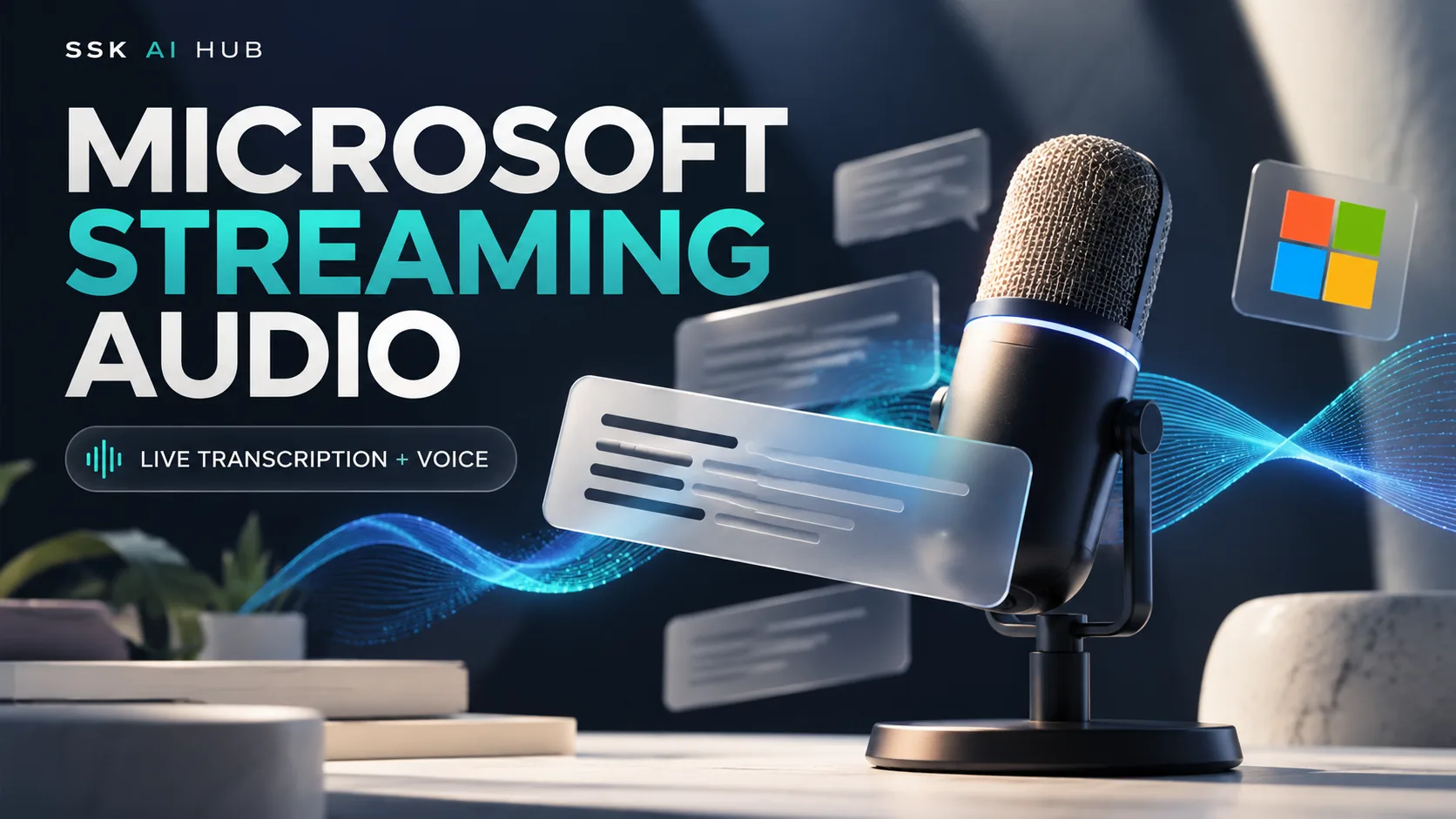 A studio microphone with a blue sound wave and floating transcript cards beside the Microsoft logo, under Microsoft Streaming Audio — live transcription + voice.