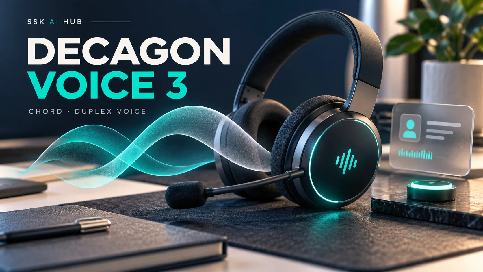 A headset with a teal sound wave beside a glass customer-profile card and a glowing button, under Decagon Voice 3 — chord, duplex voice.