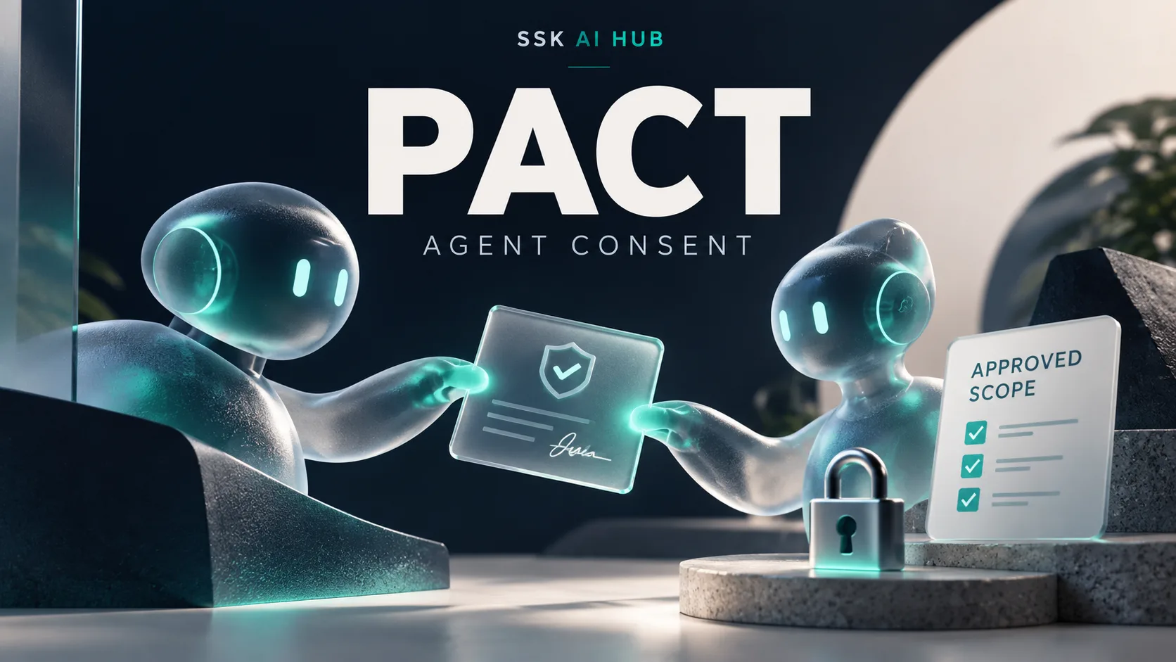 Two translucent agents passing a signed shield card, beside a padlock and an Approved Scope checklist, under PACT — agent consent.