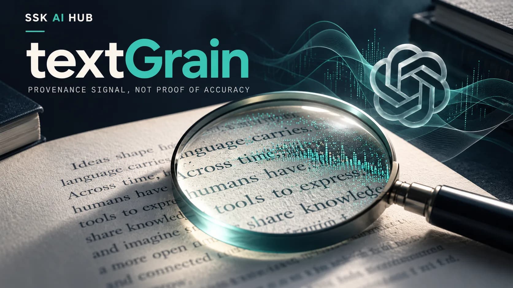 A magnifying glass over printed text revealing a teal signal pattern, beside the OpenAI mark, under textGrain — provenance signal, not proof of accuracy.