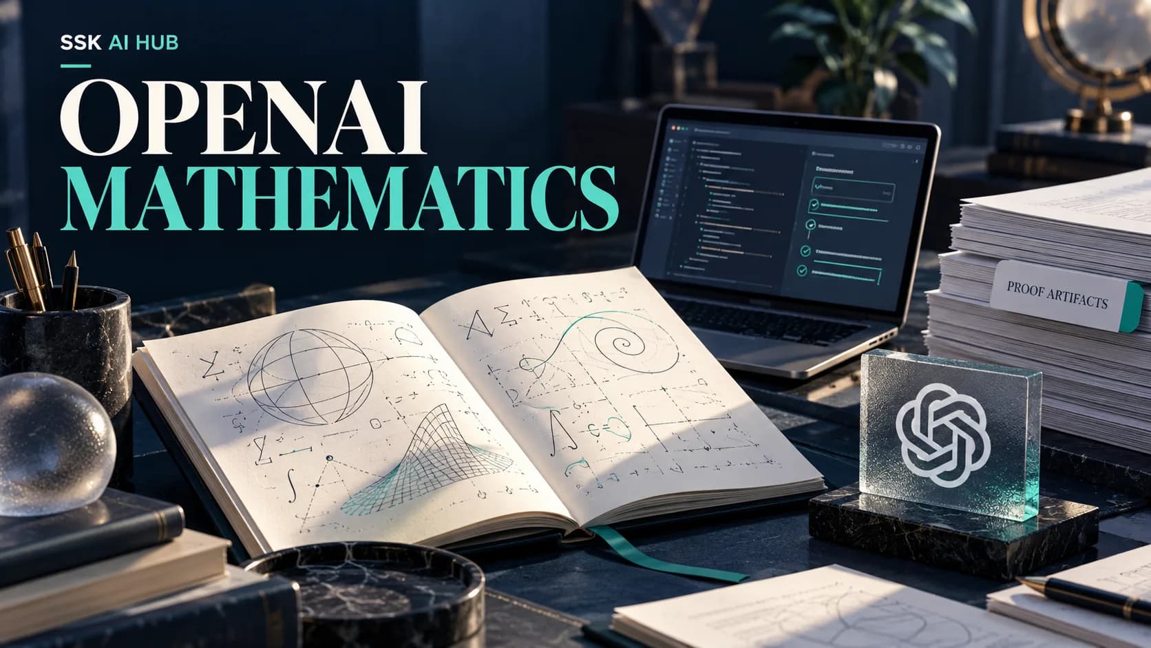 An open notebook of geometric sketches and equations beside a laptop of checked steps and a stack labeled Proof Artifacts, under OpenAI Mathematics.