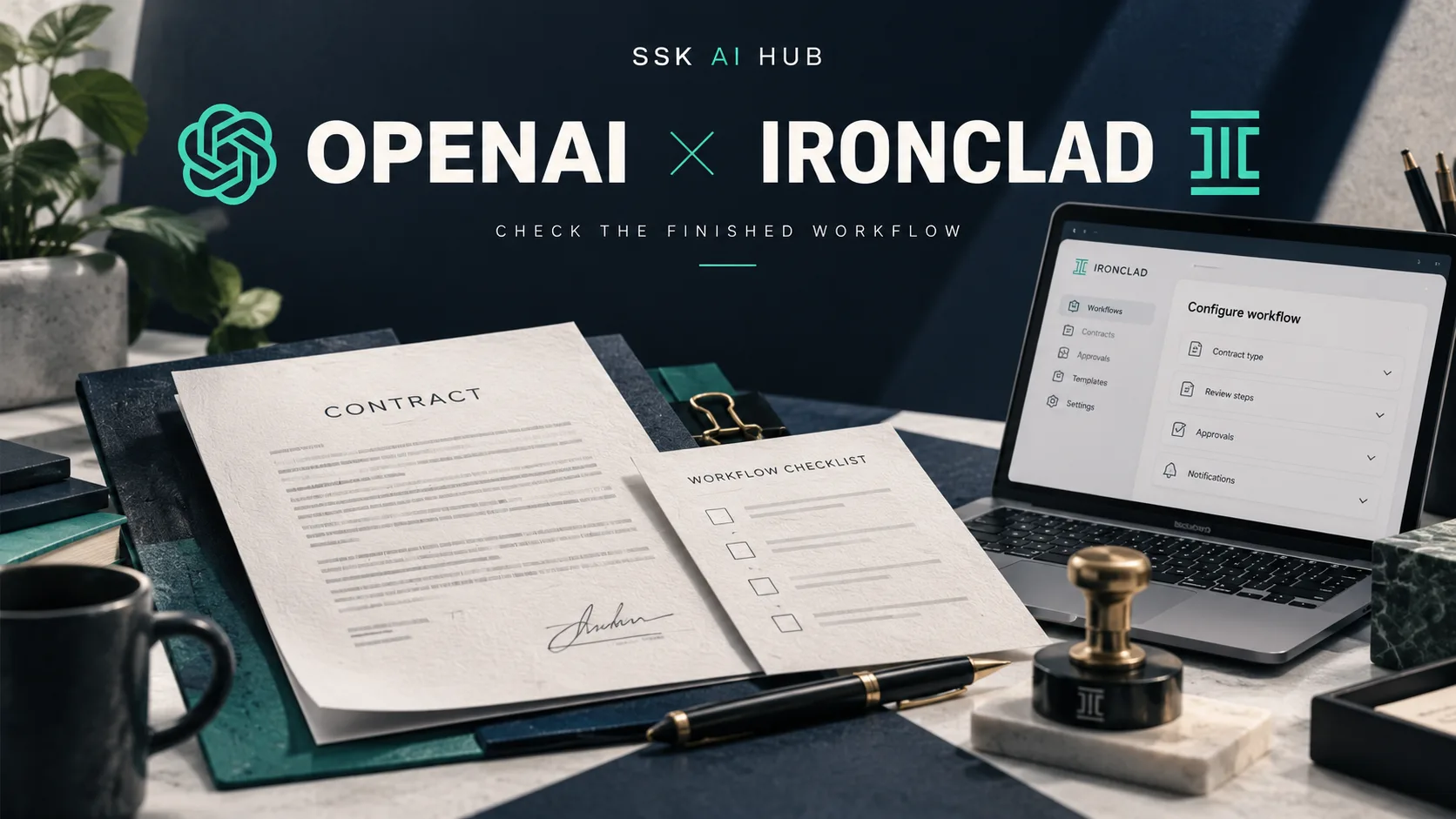 A contract and a workflow checklist beside a laptop showing Ironclad's Configure workflow screen, under OpenAI × Ironclad — check the finished workflow.