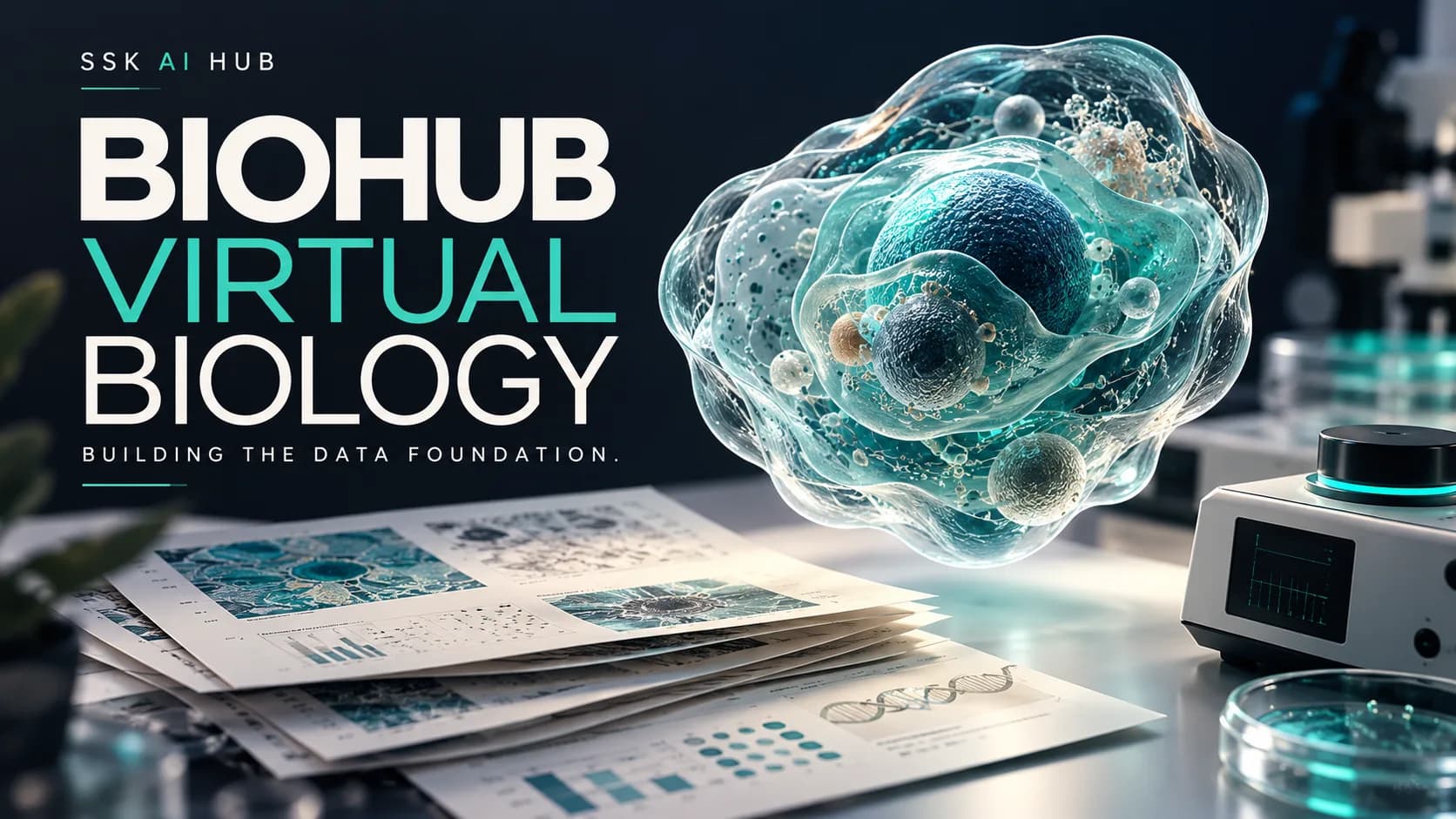 A translucent cell floating above printed microscopy and data sheets beside lab equipment, under Biohub Virtual Biology — building the data foundation.