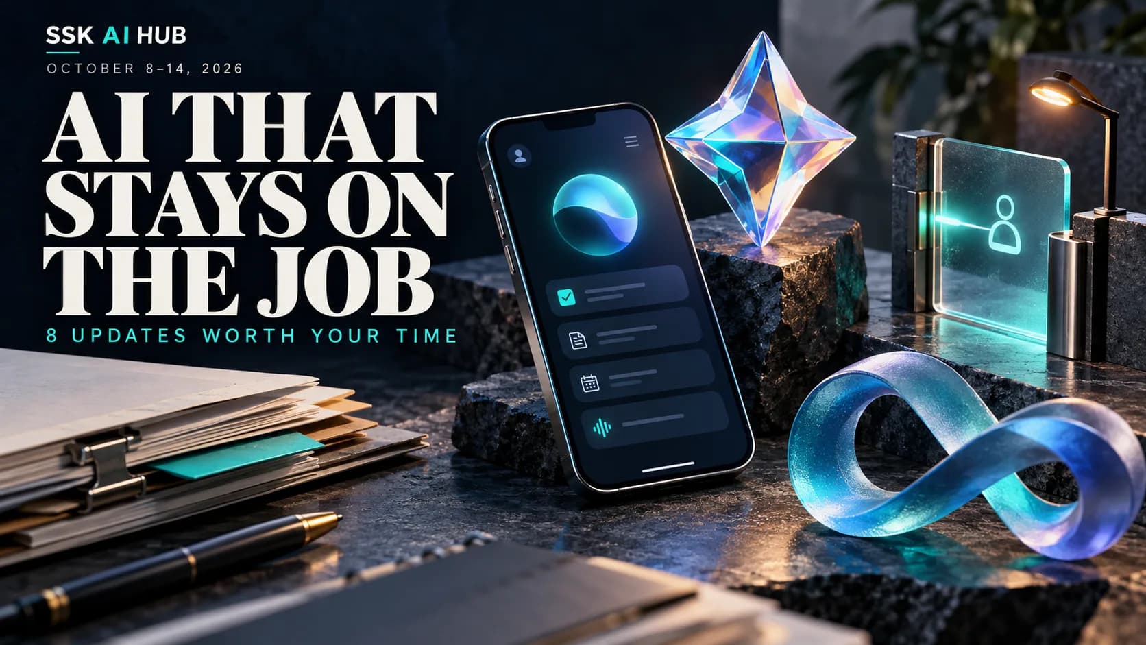 SSK AI Hub October 8–14, 2026 cover with an asymmetric editorial scene of a personal app, persistent agent workspace and permission boundary.