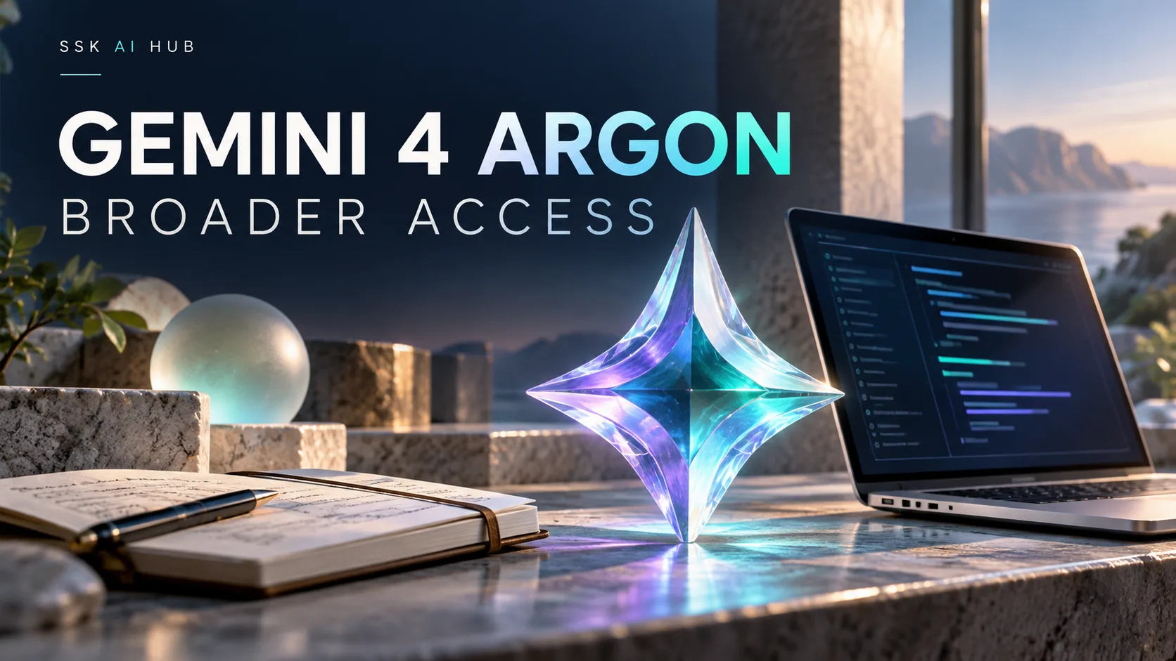Conceptual Gemini 4 Argon illustration with an iridescent reasoning crystal, a laptop and a notebook.