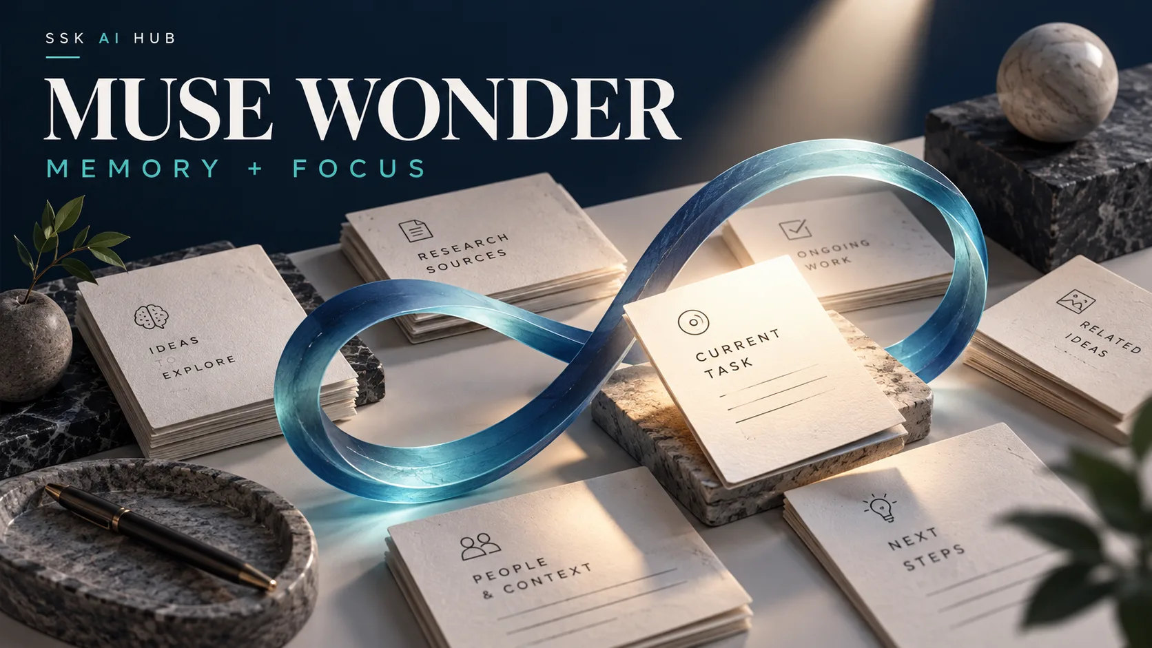 Conceptual Muse Wonder illustration with a blue memory loop, layered project notes and a focused beam of light.