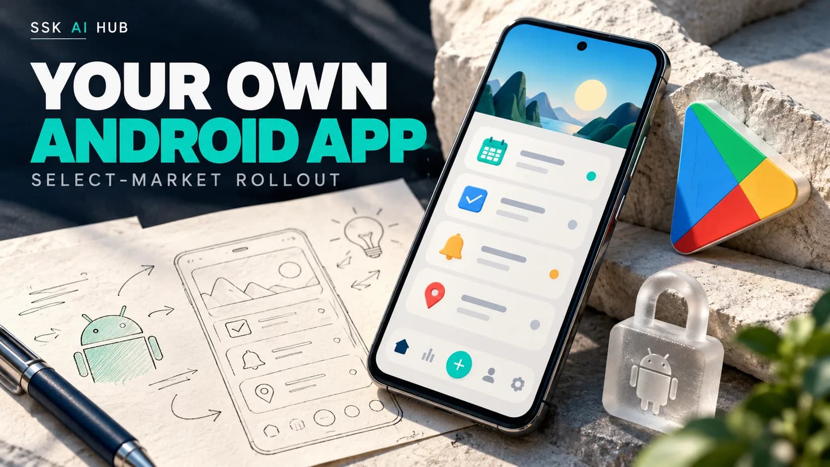 Conceptual Google Play personal-app illustration with a phone showing a fictional private planner and a small lock.