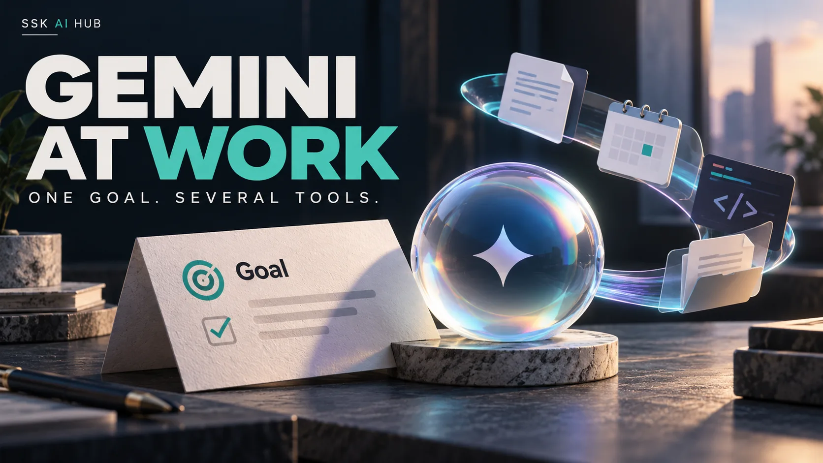 Conceptual Gemini work-agent illustration connecting a goal card with documents, calendar and code tools.