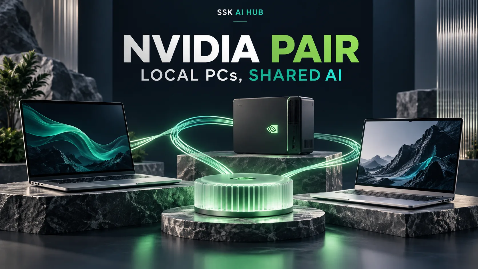 Conceptual NVIDIA PAIR illustration with compatible local computers connected by a soft green light ribbon.