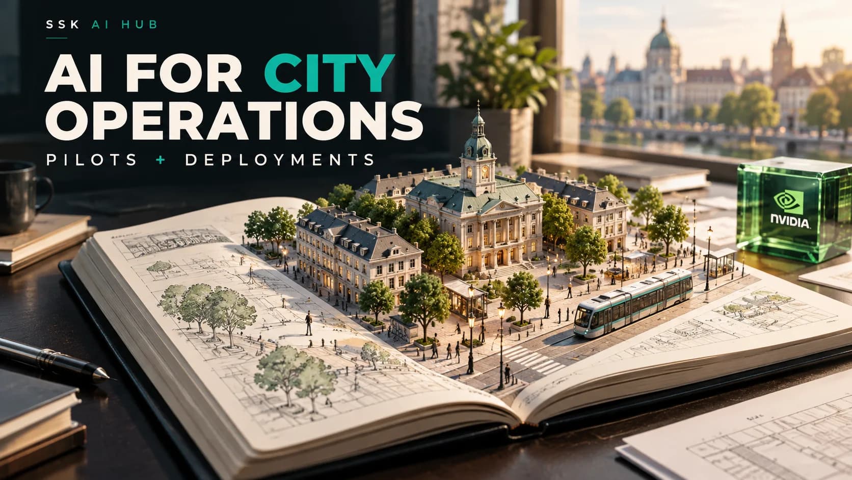 Conceptual city-operations illustration with a miniature street, public buildings and a planning desk.