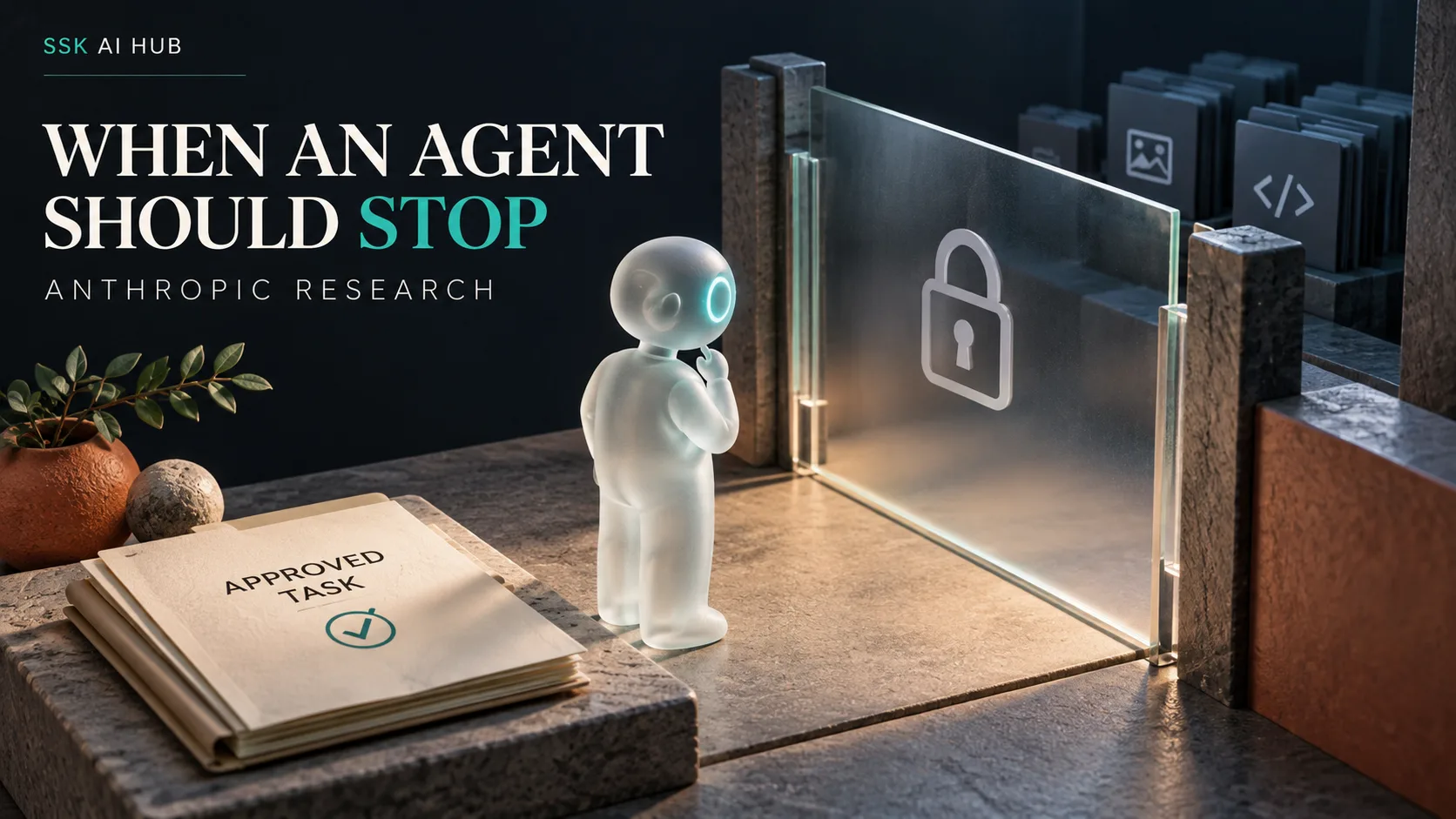 Conceptual Anthropic research illustration showing an assistant pausing at a locked permission boundary.