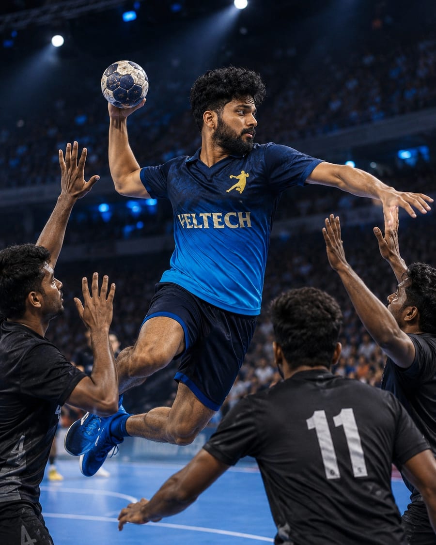 AI-assisted visualization of a player in a Vel Tech-style jersey leaping above defenders with the ball cocked to throw