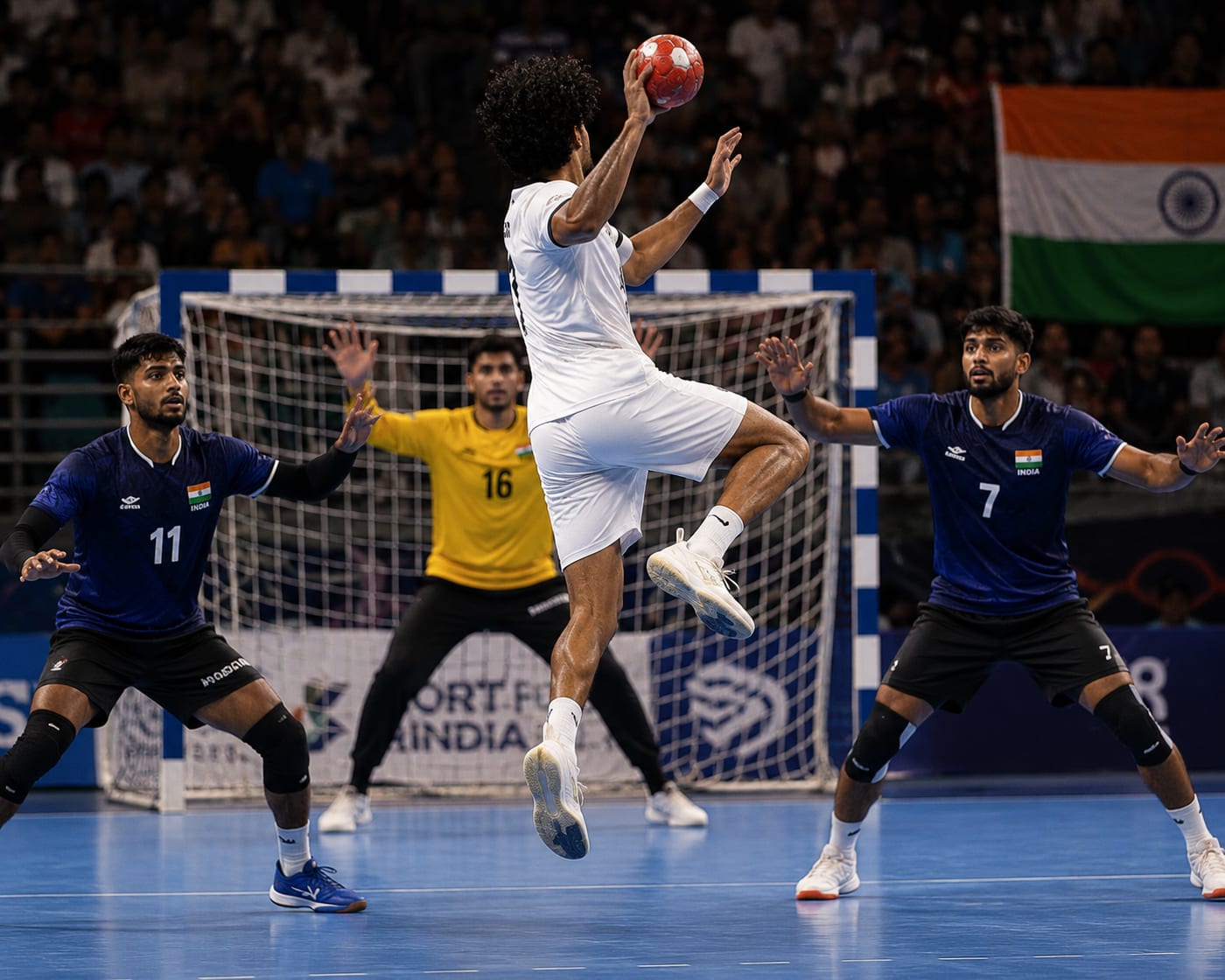 AI-assisted visualization of an attacker jumping to shoot past a defensive wall and goalkeeper