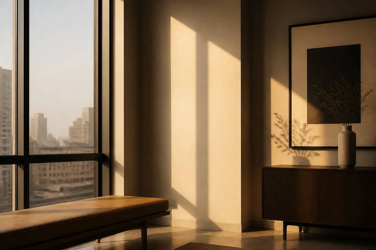 Morning light falling across urban window geometry