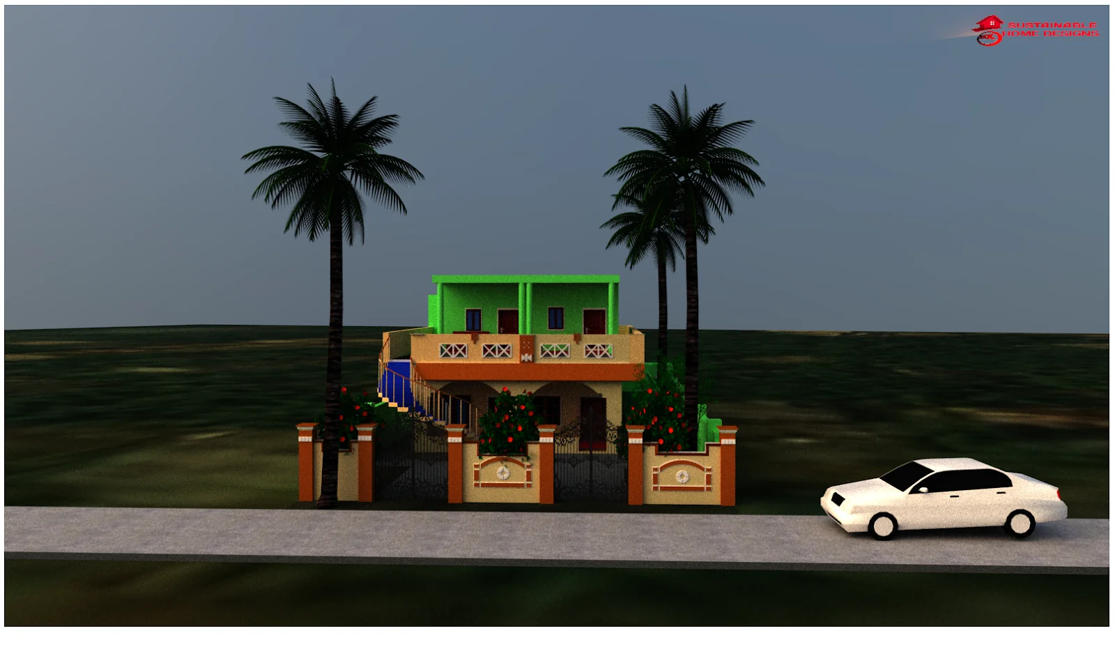 SSKS Home Designs 3D elevation render with sustainable home branding